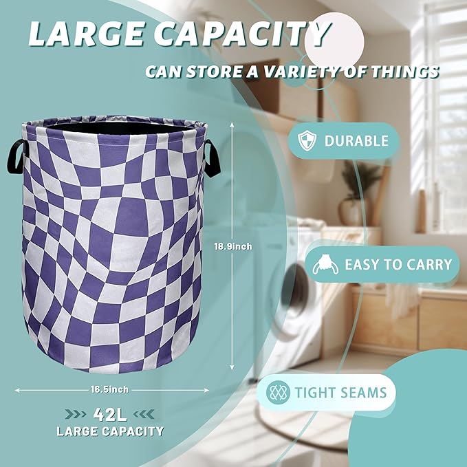 Purple Checkerboard Laundry Basket Foldable With Handles Tote Bag Oxford Cloth Colorful Plaid Laundry Hamper 18.9"x1 6.5" Clothes Storage Bucket Toy Organizer For Bathroom/Laundry/Bedroom