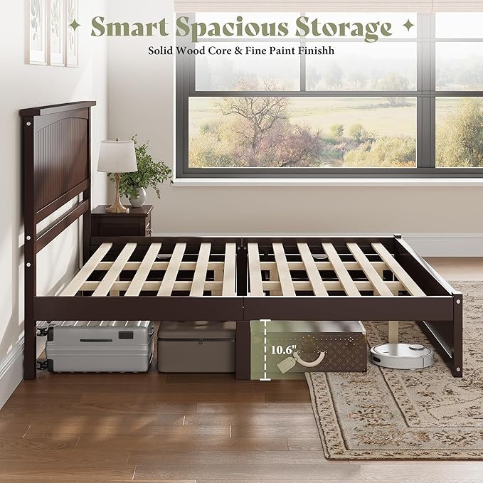 AMERLIFE Queen Size Solid Wood Bed Frame with 50" Tall Headboard, Mid-Century Modern Bed with Storage, Wooden Platform Bed Frame with 2 Drawers, No Box Spring Needed, Espresso