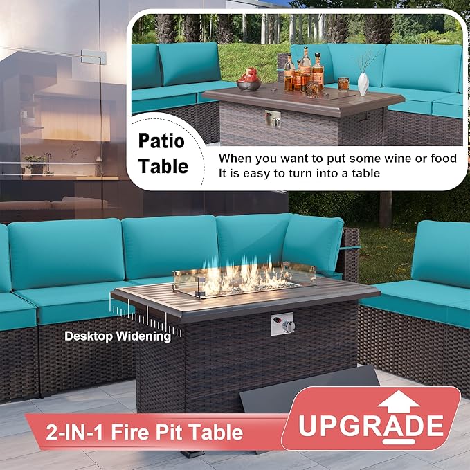 Kurapika 7 Pieces Patio Furniture Set, Rattan Outdoor Conversation Sets w/43in Propane Fire Pit Table and 4 Inch Cushion(Blue)