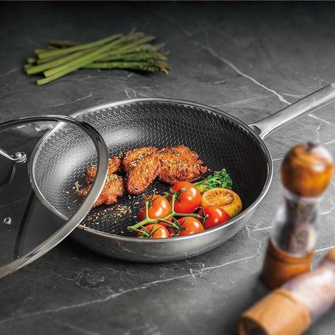 Hybrid Nonstick Frying Pan with Lid 12 Inch,Stainless Steel Honeycomb Pan Compatible with All Cooktops Dishwasher and Oven Safe