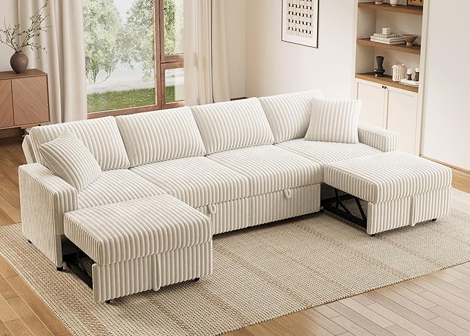 HONBAY Modular Sectional Sofa, L Shaped U Shaped Pull Out Couch with Storage, Velvet White