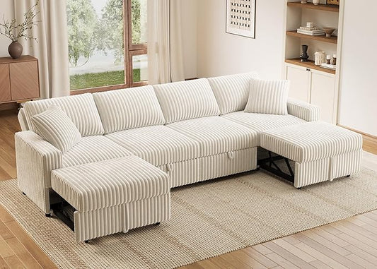 HONBAY Modular Sectional Sofa, L Shaped U Shaped Pull Out Couch with Storage, Velvet White