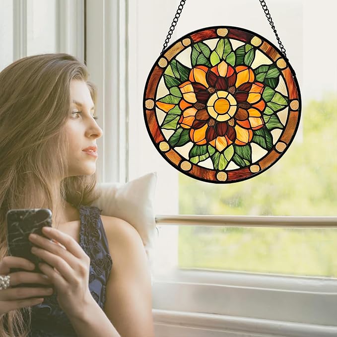 Stained Glass Window Hanging - Yellow Green Boho Style Flowers Sun Catcher for Door Garden Home Decor Suncatcher Christmas Mother's Day Birthday Gifts for Women Mom Girl Nana Friend 9.8 in
