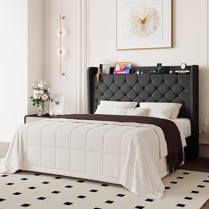 Allewie Queen Size Bed Frame, Storage Headboard with Charging Station, Wingback Linen Upholstered, Diamond Stitched Button Tufted, Sturdy Wooden Slats, No Box Spring Needed, Easy Assembly, Dark Gray
