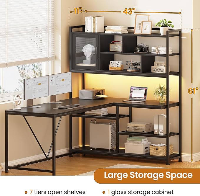 SEDETA L Shaped Computer Desk, 58'' Office Desk with LED Light and Bookshelf, L Shaped Corner Desk with Storage Shelves for Home Office, Gaming Desk, L Desk, Black