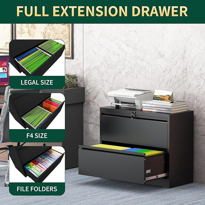 2 Drawer Lateral File Cabinet with Lock, Metal File Cabinets for Home Office, Steel Heavy-Duty Filing Storage Cabinet for Letters/Legal/A4 (Require Assembly, Black)