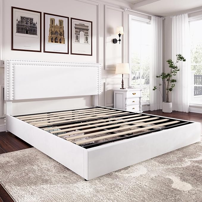 VECELO King Size Upholstered Platform Bed Frame with 4 Storage Drawers, Adjustable Velvet Rivet Decor Headboard, Wooden Slats Support, No Box Spring Needed, Easy Assembly