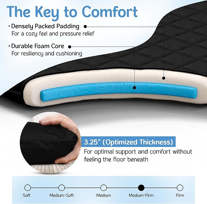 Japanese Futon Floor Mattress - Medium Firm Futon Mattress for Sleeping - Shikibuton - Foldable and Portable Japanese Bed (Black, Queen)