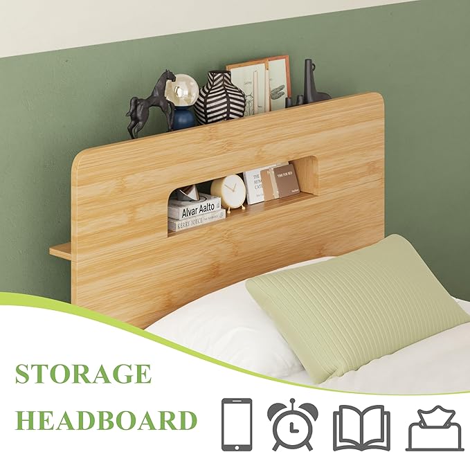 ZIYOO Solid Bamboo Wood Bed Frame Twin with Storage Headboard, 14 inch Platform Bed Frame Twin Size No Box Spring Needed with Steel Slats, Sturdy and Stable, Easy Assembly, Noise Free