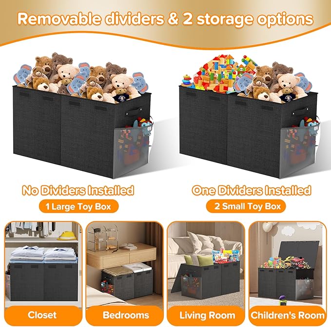Large Toy Box Chest, Collapsible Sturdy Toy Storage Organizer Boxes Bins Baskets Dinosaur Kids Toy Chest Bin with Lids for Boys Girls Living Room Playroom Bedroom Nursery 25"x14"x16" Black
