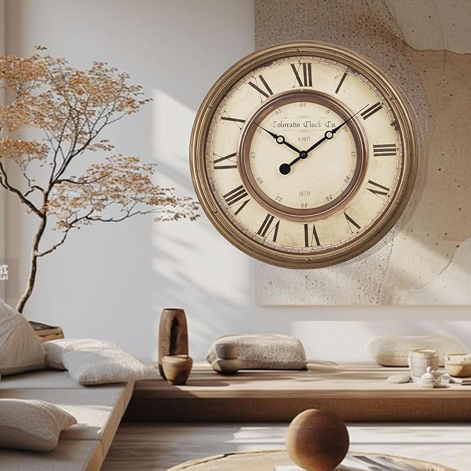 20 Inch Retro Farmhouse Wall Clock, Solid Wood Silent Non-Ticking, Battery Operated Decorative Clock for Living Room, Kitchen, Bedroom, Office and Home Decor
