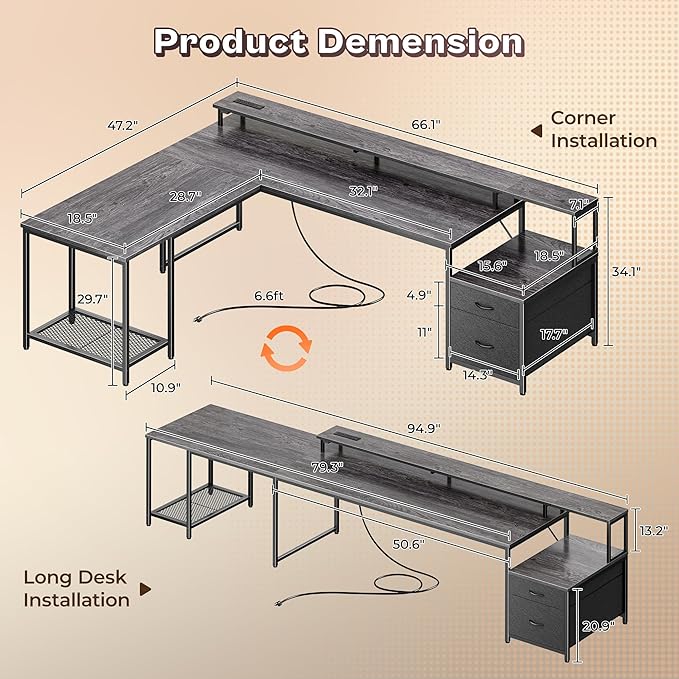 PRAISUN 66 Inch L Shaped Computer Desk with Power Outlets and LED Lights, Home Office Desk with Fabric Drawers and Print Stand, L Shape or Long Set up, Monitor Stand, Mesh CPU Stand, Grey