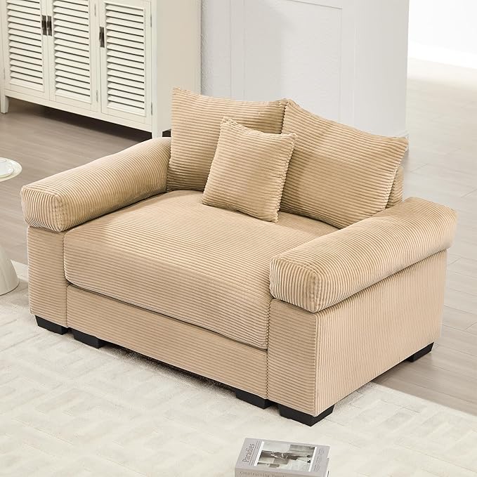 KEIKI 54" Oversized Corduroy Modular Sectional Single Sofa with High-Density Foam Cushions, Extra-Thick Armrests, Upholstered Modern 1-Seater Lounge Accent Chair with 3 Pillow, for Living Room, Camel