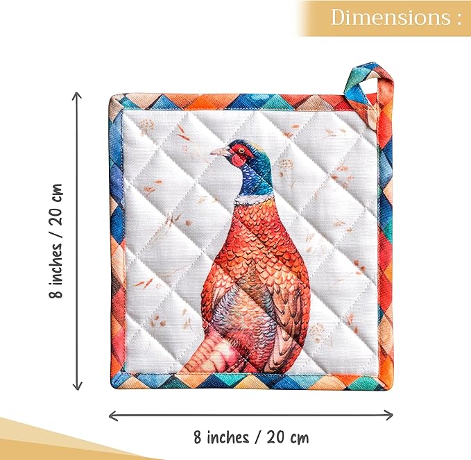 Maison d' Hermine Pot Holders 100% Cotton Heat Resistant Potholders 8" x 8" Hot Pads with Loop for Thanksgiving Christmas Decorations BBQ Cooking Baking Handling Hot Pans (Pack of 1, Faisan D'Automne)