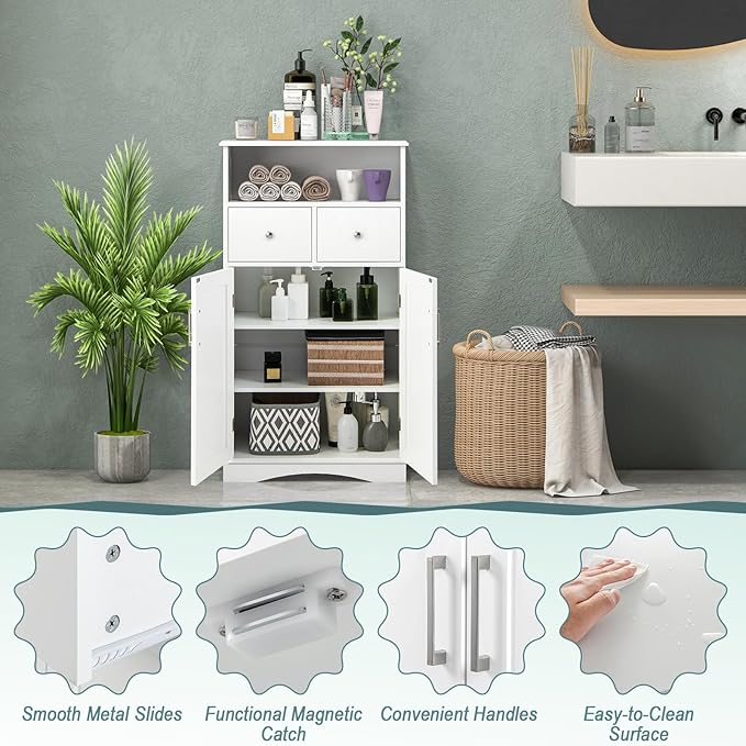 Tangkula Bathroom Cabinet, Freestanding Storage Organizer w/2 Drawers & 2 Doors, 3-Position Adjustable Shelves, Anti-Toppling Design, Floor Cabinet for Bathroom (White, 2 Drawers & Cabinet)