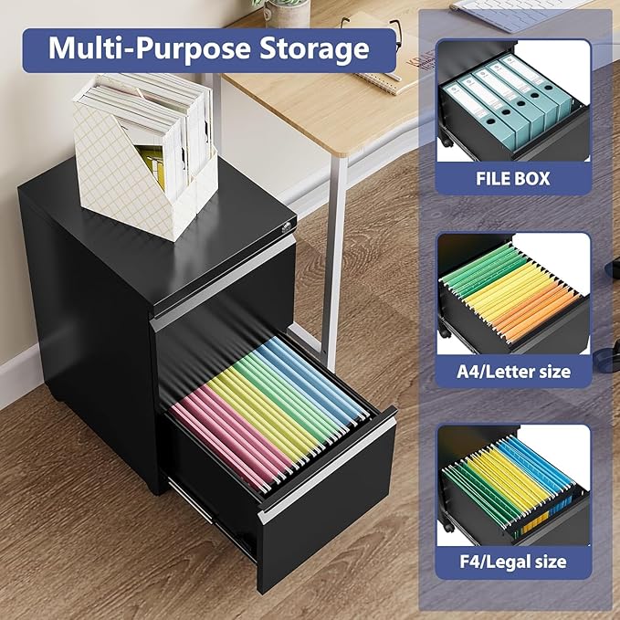 2 Drawer File Cabinet with Lock，Locking Filing Cabinet Under Desk,Rolling File Cabinets for Home Office/Legal/Letter Size,Fully Assembled (Black)