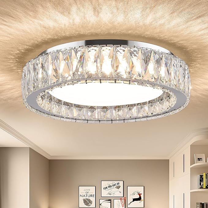 15 Inch Modern Chrome Crystal Flush Mount Chandelier,Dimmable LED 5CCT 3000K-6000K 36W,Large Round Luxury Close to Ceiling Light Fixtures for Living Room,Bedroom,Kitchen,Dining Room