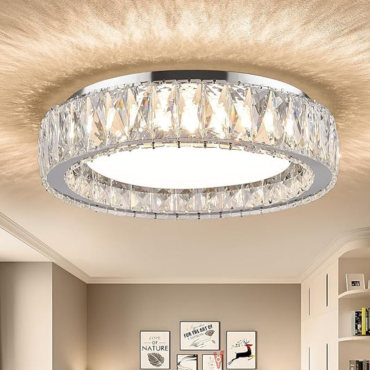 15 Inch Modern Chrome Crystal Flush Mount Chandelier,Dimmable LED 5CCT 3000K-6000K 36W,Large Round Luxury Close to Ceiling Light Fixtures for Living Room,Bedroom,Kitchen,Dining Room
