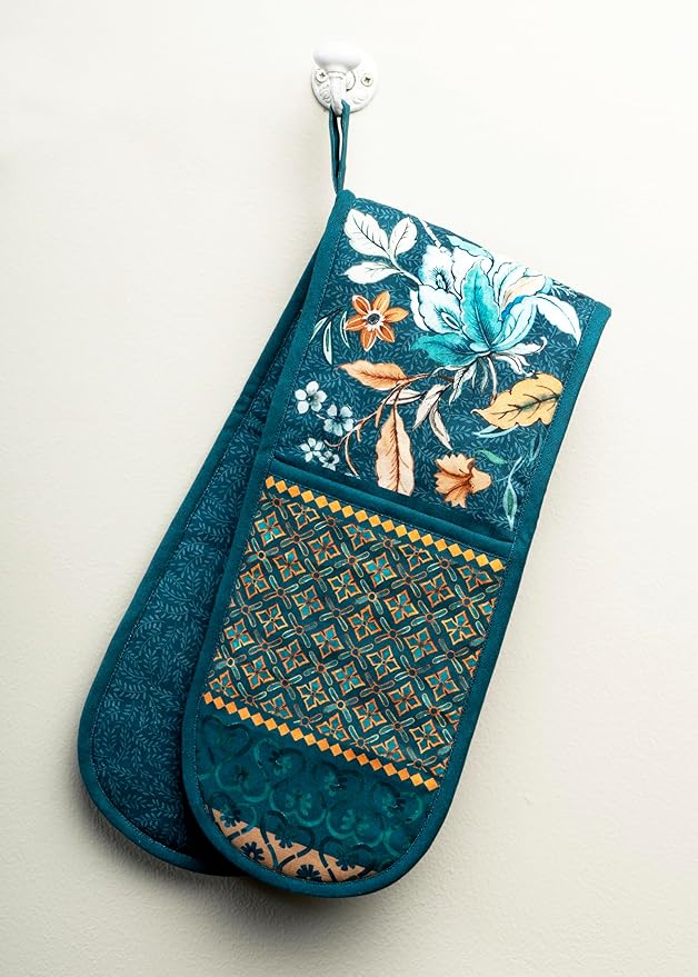Maison d' Hermine Double Oven Mitt (7" x 35") 100% Cotton Heat Resistant BBQ Cooking Gloves with Loop for Thanksgiving Christmas Decorations Baking Cooking Handling Hot Pan (Luxury Loft - Dark Teal)