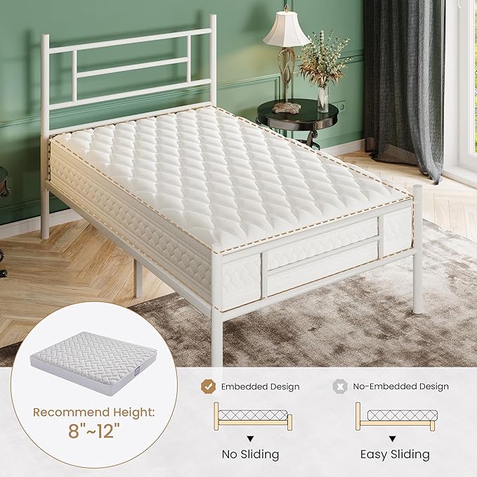 SHA CERLIN 14 Inch Twin Size Metal Bed Frame with Iron-Art Headboard and Footboard,Under Bed Storage Space,Platform Bed with Metal Slats Support,Easy Assembly,Noise Free,No Box Spring Needed,White