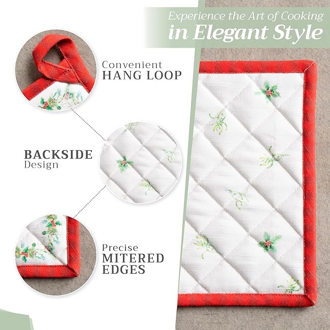 Maison d' Hermine 100% Cotton Oven Mitt & Pot Holder Set (7.5"x13" & 8"x8") Heat Resistant BBQ Cooking Gloves with Loop for Thanksgiving Christmas Decorations Handling Hot Pans (Christmas Tradition)