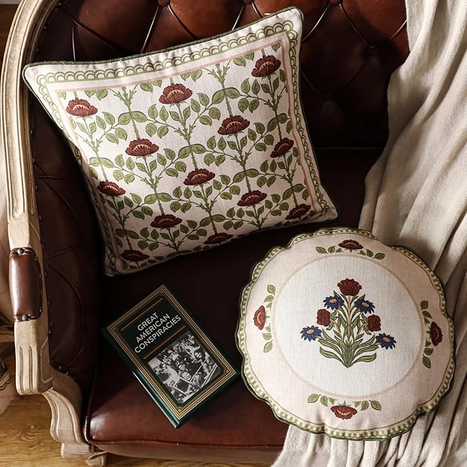 Design Linen Round Throw Pillow Covers Diameter 16" Pack of 2, Yellow Green French Cushion Covers with Red Purple Floral Pattern Decoration Pillowcases for Bed, Living Room, Outdoor, Car