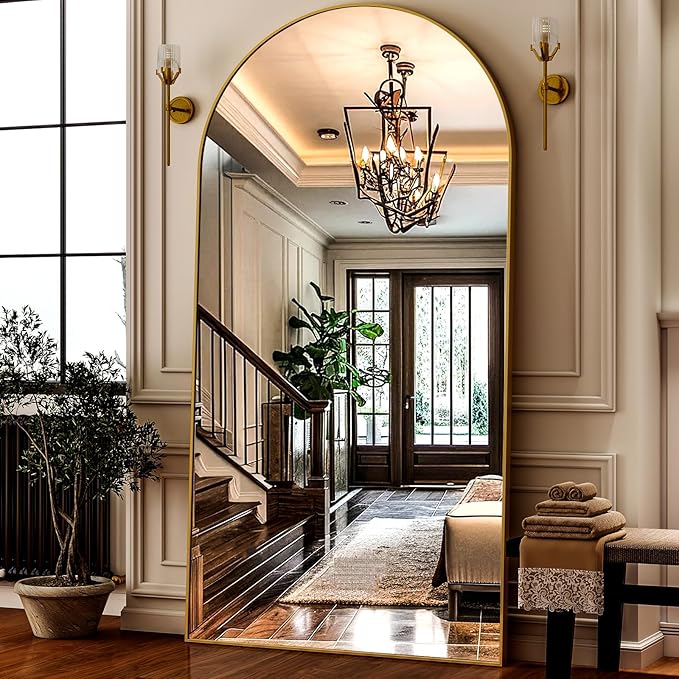 HARRITPURE 76"x46"Full Length Mirror - Arch Floor Mirrors with Aluminum Alloy Frame Free-Standing Wall Mounted or Leaning Large Bedroom Dressing Mirror,Gold