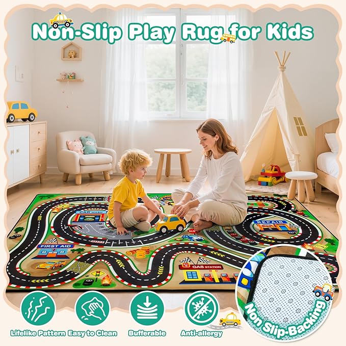 Kids Rug, Race Track Baby Play Mats, 4x6 Ft Kids Rug for Playroom,Extra Thick (0.4in) Realistic 3D Cascading Surround Route, Great for Playing with Cars and Toys, Non-Slip Car Carpet