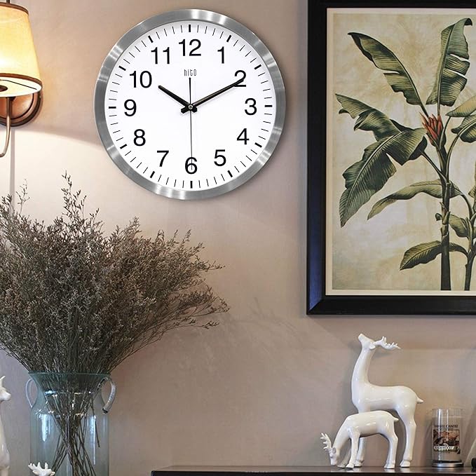 HITO 14" Silent Wall Clock Battery Operated Non Ticking Sweep Movement Glass Cover Silver Aluminum Frame, for Kitchen, Bedroom, Home Office, Living Room Decor