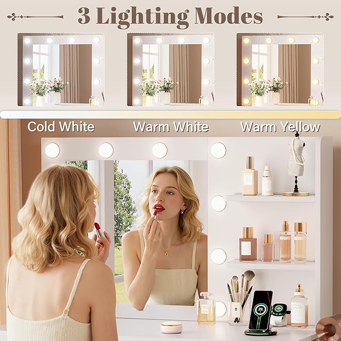 YESHOMY Vanity Desk with Mirror, 10 Lights, Power Outlet and 3 Storage Shelves, Makeup Table with 2 Drawers & 1 Cabinet, 3 Color Modes, for Bedroom, White
