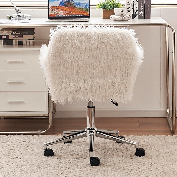 Goujxcy Fluffy Desk Chair, White Faux Fur Vanity Chair Swivel Office Chair for Girls Women, Height Adjustable Cute Plush Furry Makeup Chairs for Bedroom Home Office