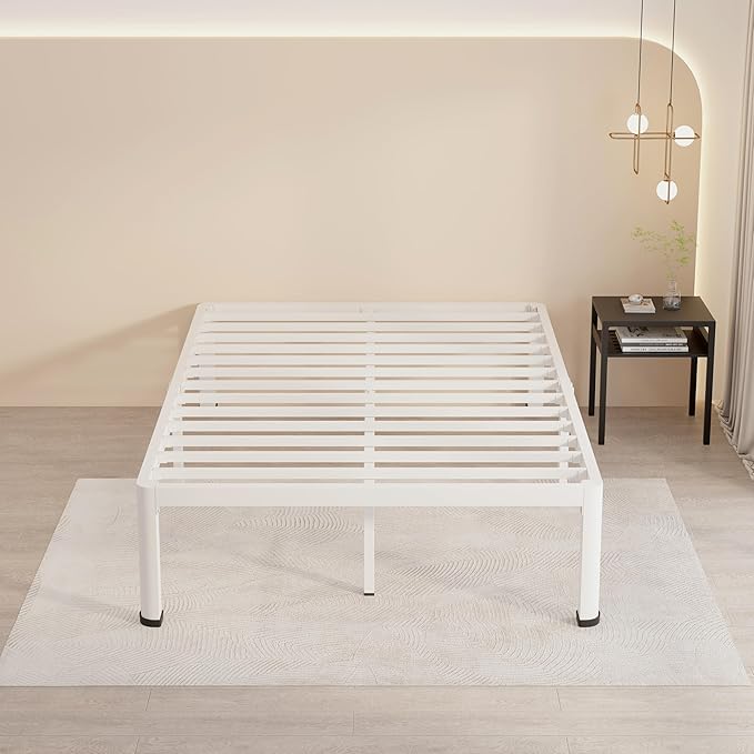 MAF 18 Inch Full Size Bed Frame White with Round Corner Legs Mattress Slide Stopper No Box Spring Needed Heavy Duty Metal Platform Bed Frames Under-Bed Storage Space, 3000 LBS Steel Slats Support