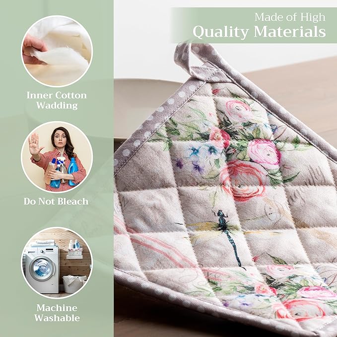 Maison d' Hermine Pot Holders 100% Cotton Heat Resistant Potholders 8" x 8" Hot Pads with Loop BBQ, Cooking, Baking, Grilling, Kitchen, Handling Hot Pans Spring/Summer (Pack of 1, Champ De Mars)