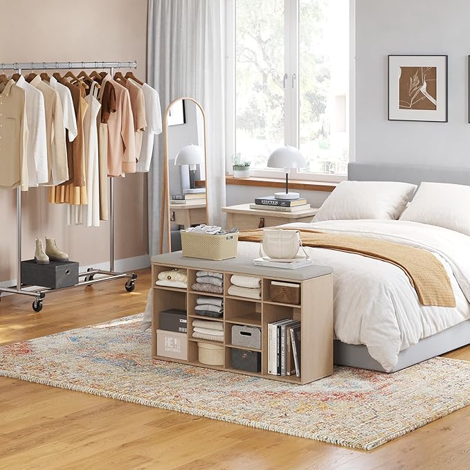 DINZI LVJ Shoe Storage Bench with Cushion, 16-Cubby Shoe Rack, Adjustable Shelves, 40.9" Long Shoe Organizer Bench for Entryway, Mudroom, Hallway, Garage, Natural and Cappuccino Beige