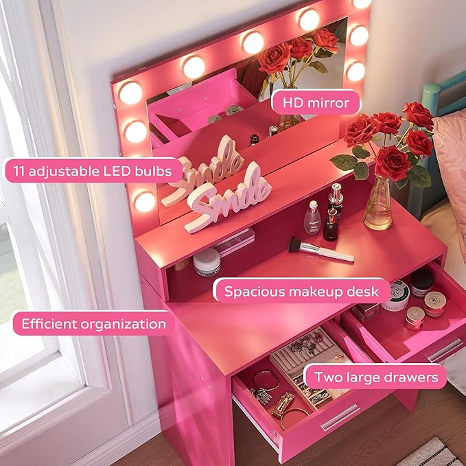 MIRROTOWEL Vanity Desk with Mirror and Lights, Dressing Table with Large Drawer, 2 Level Storage Dresser & 3 Lighting Modes Adjustable Brightness, Suitable for Bedroom