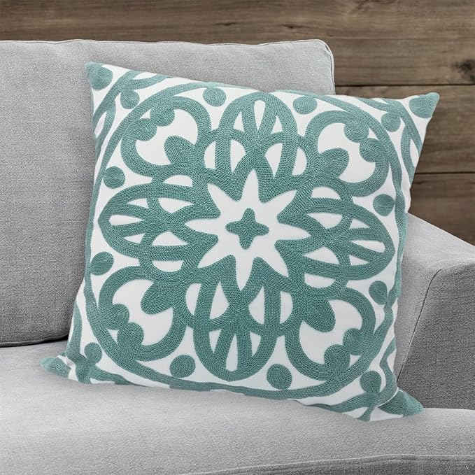Alysheer Embroidered Decorative Throw Pillow Cover 20"x 20", Boho Mandala Modern Thick Embroidery Pattern, Durable Cotton Canvas Soft Cushion Case for Sofa Couch Bed Living Room (Dusty Aqua Blue)