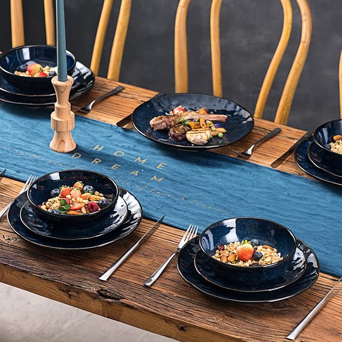 vicrays Ceramic Salad Bowls Set for Kitchen, Serving - 32 Ounce Soup Bowls, Pasta Bowls, Chip Resistant, Dishwasher Microwave Safe, Large, Fluted, stoneware, Set of 6 (Blue)