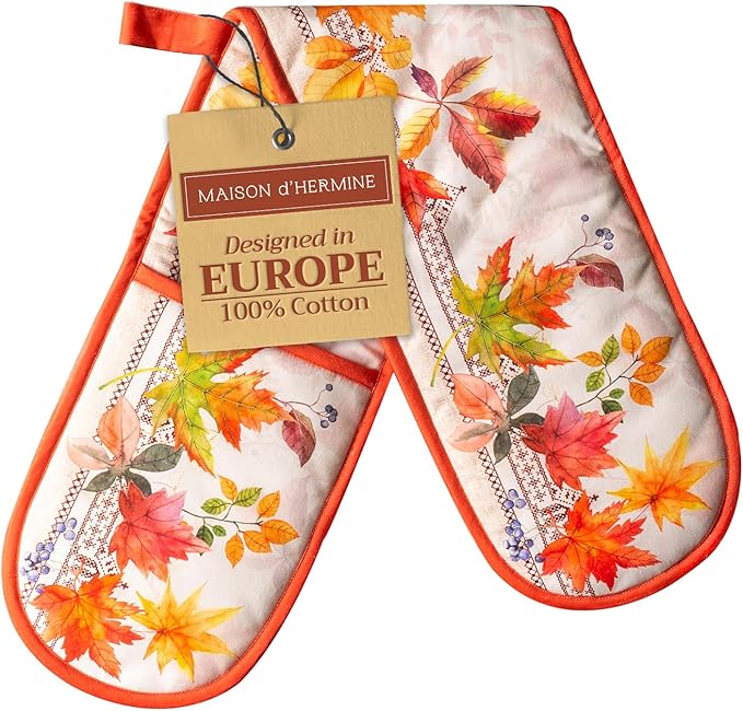 Maison d' Hermine Double Oven Mitt (7" x 35") 100% Cotton Heat Resistant BBQ Cooking Gloves with Loop for Thanksgiving Christmas Decorations Baking Cooking Barbeque Handling Hot Pan (Amarante)