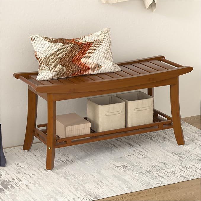 Bamboo Entryway Storage Bench with Shelves Shoe Rack Bench Seat Organizer for Porch Bedroom Bathroom Balcony 39 x 13 x 19.2 Inches Chestnut Brown