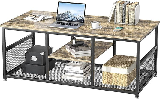 VECELO Coffee Center Table with Storage for Living Room Office Reception, Industrial Mesh Shelf, 39.4 Inch, Grey