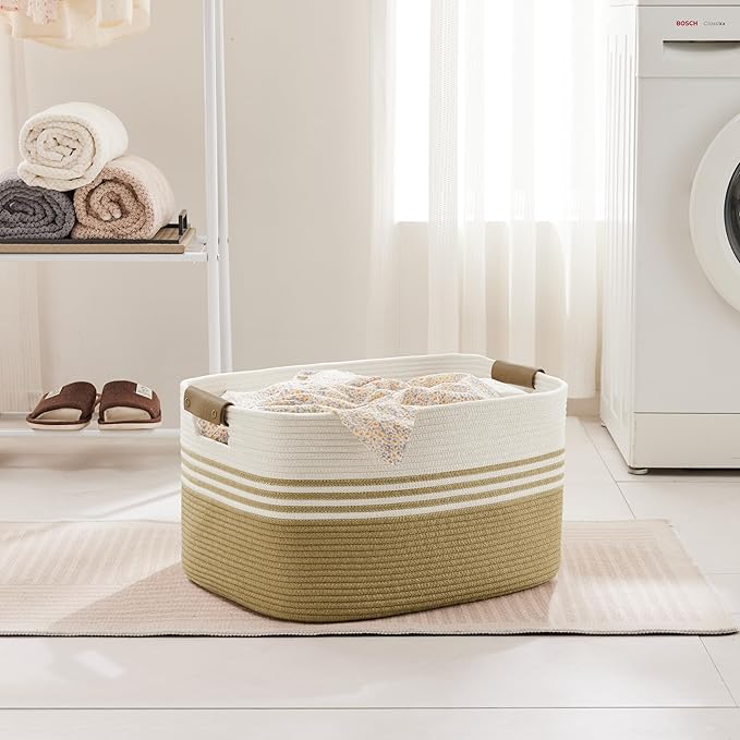 Laundry basket with leather handles for clothes,blankets,pillows,toys, towels,suitable for bedrooms and living rooms,cotton woven laundry hamper,extra large gift basket,(21"x15"x11",Khaki)