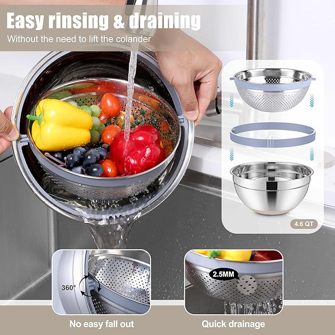 E-far Mixing Bowls with Lids Set, 15PCS Stainless Steel Mixing Nesting Bowl with Colander & 3 Metal Grater for Kitchen Prep/Baking/Storage, Non-Slip Bottom & Airtight Lid, 4.6, 3, 1.5, 1, 0.7QT, Khaki