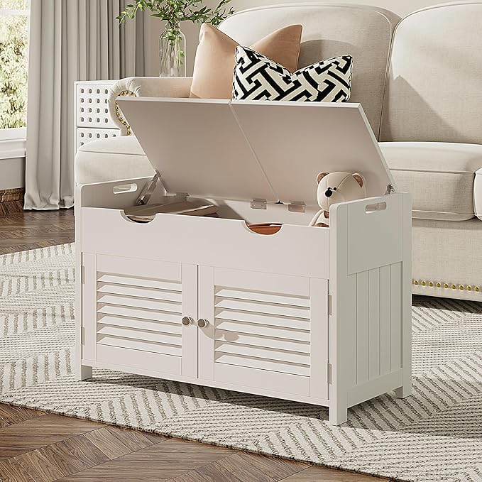 ChooChoo Shoe Storage Bench with Lift Top Storage, Entryway Bench with 2 Cushioned Seats, 3 Compartments, Adjustable Shelf, Shoe Cabinet for Entryway, Bedroom, Living Room, White