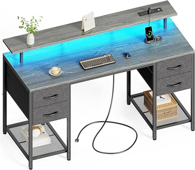 Huuger 55 inch Computer Desk with 4 Drawers, Gaming Desk with LED Lights & Power Outlets, Home Office Desk with Large Storage Space for Bedroom, Work from Home, Gray