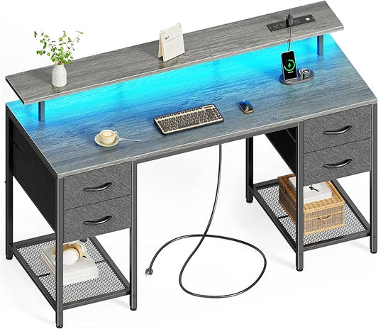 Huuger 55 inch Computer Desk with 4 Drawers, Gaming Desk with LED Lights & Power Outlets, Home Office Desk with Large Storage Space for Bedroom, Work from Home, Gray