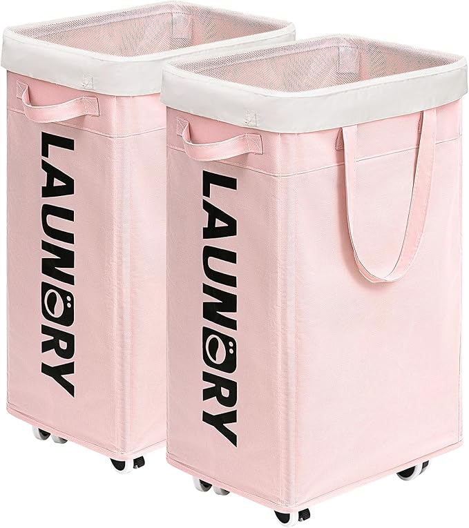 Goodpick Pink Laundry Baskets with Wheels 2-Pack, 75L Rolling Laundry Basket with Removable Wash Bags, Large Laundry Hamper for Corner Dorm, Collapsible Laundry Basket on Wheels