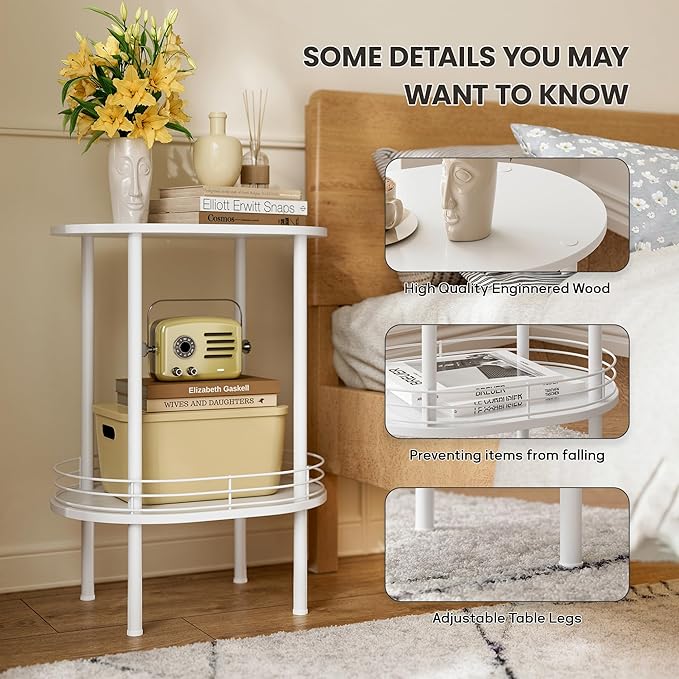 Small Round Side Table,Bedside Table with Storage,Morden Round Nightstand,Samll Side Table for Living Room,Bathroom,Bedroom, Nursery, Laundry, White