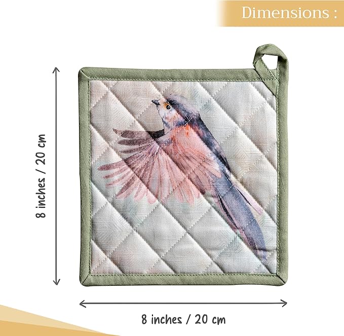 Maison d' Hermine Pot Holders 100% Cotton Heat Resistant Potholders 8" x 8" Hot Pads with Loop BBQ, Cooking, Baking, Grilling, Kitchen, Handling Hot Pans Spring/Summer (Pack of 1, Flying Birds)