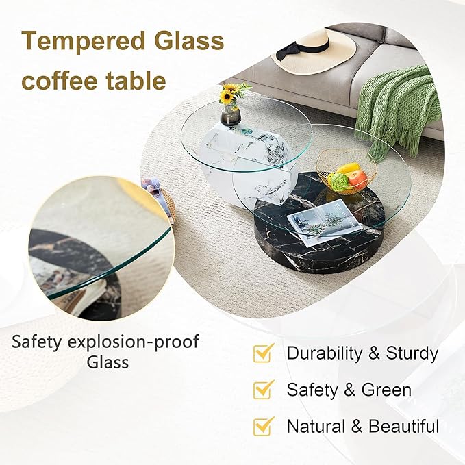 Glass Coffee Table, Modern Round Glass Coffee Table with Wooden Base, 3 Tier Round Coffee Table, Clear Cocktail Table with Storage for Living Room, Office, Balcony, White and Black