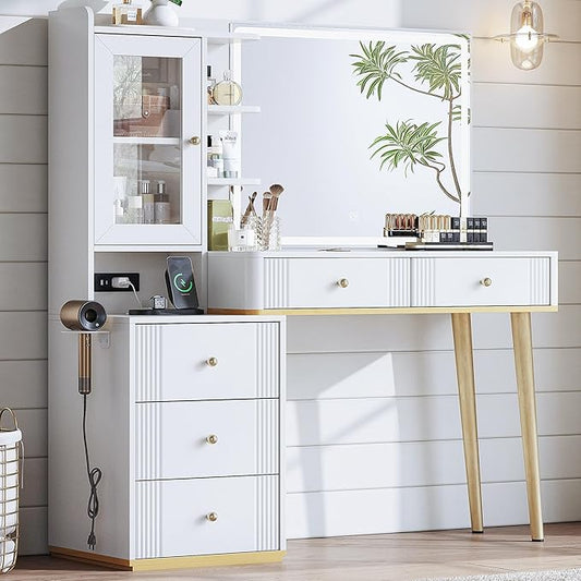 LINSY Vanity with Glass Top, White Makeup Vanity with Mirror and Lights, Large Vanity Desk with Storage, Drawers, Cabinet and Outlet, Modern Fluted Vanity Table for Bedroom, Women, Girls